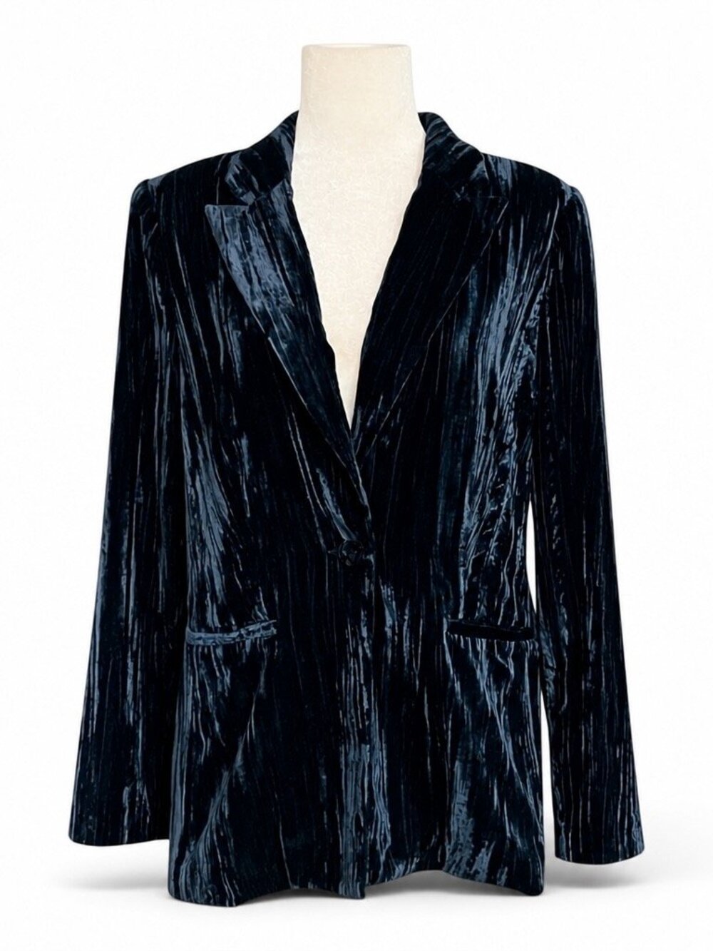 WAYF Women Navy Blue Crushed Velvet Single Button Blazer Jacket Size M